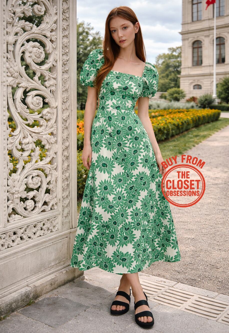 Mango NWT Green White Floral Cotton Puff Sleeve Square Neck Midi Dress US 4